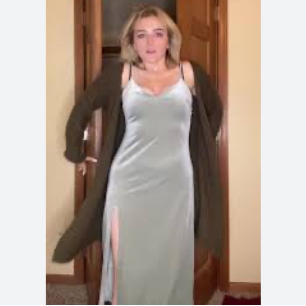 Forever 21 Silver Gray Green Velvet Spaghetti Strap Midi Slip Dress
